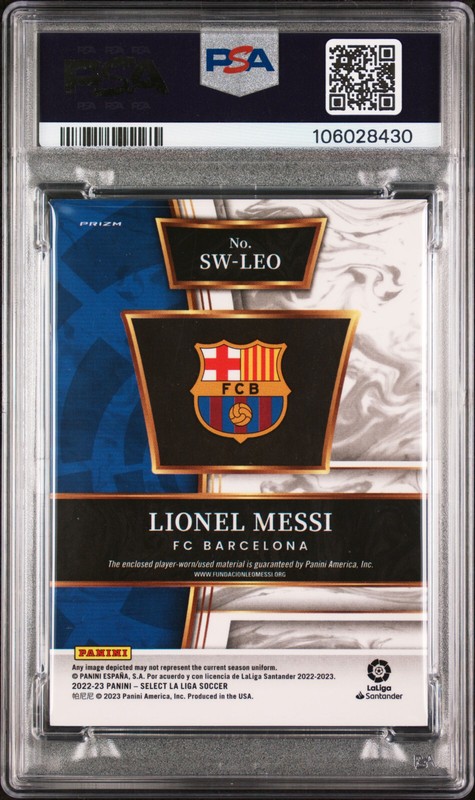 2022-23 Panini Select La Liga #SWLEO Lionel Messi Patch PSA MINT 9 Auto 10 view 2