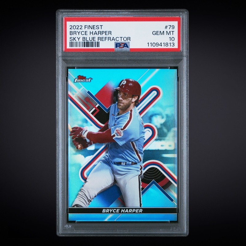 2022 TOPPS FINEST SKY BLUE REFRACTOR #79 BRYCE HARPER PHILLIES /300 PSA 10 view 1