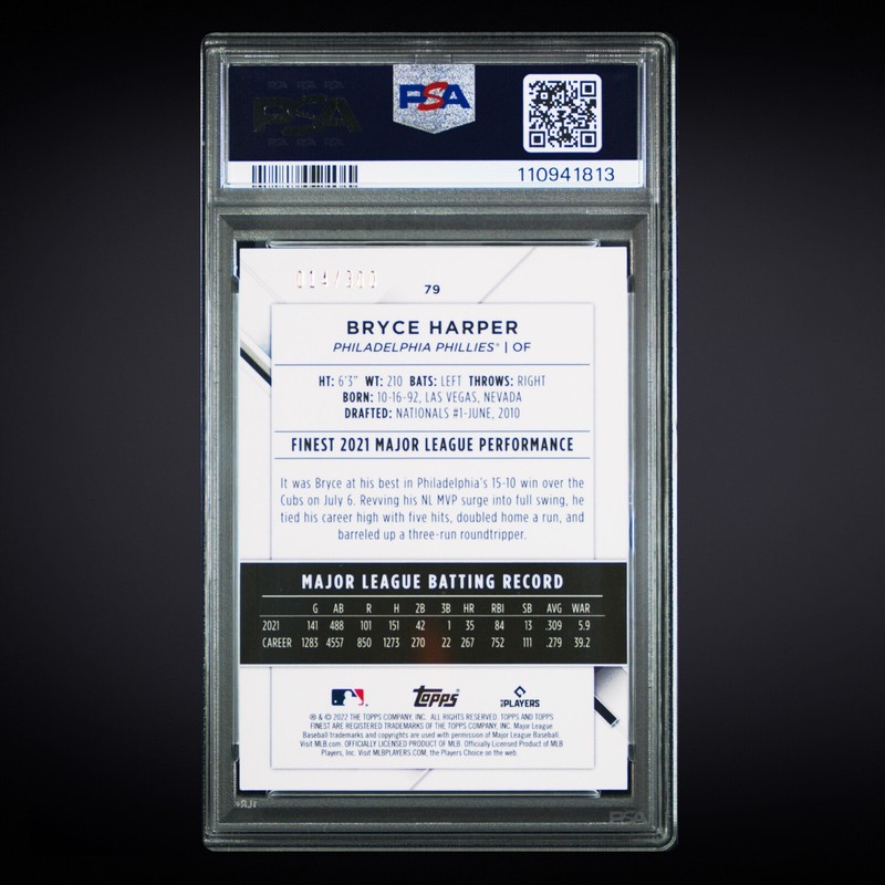 2022 TOPPS FINEST SKY BLUE REFRACTOR #79 BRYCE HARPER PHILLIES /300 PSA 10 view 2