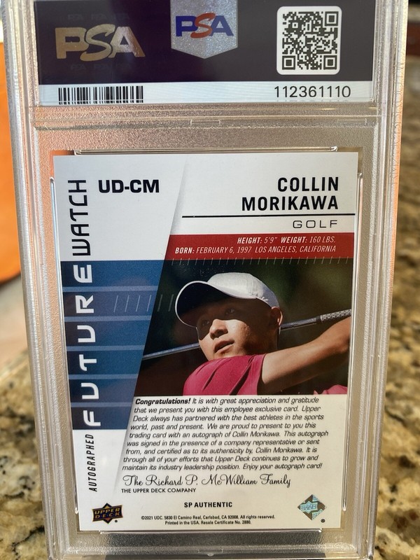 2022 Upper Deck SP Authentic Collin Morikawa AUTO RC Employee Card PSA 10 view 2