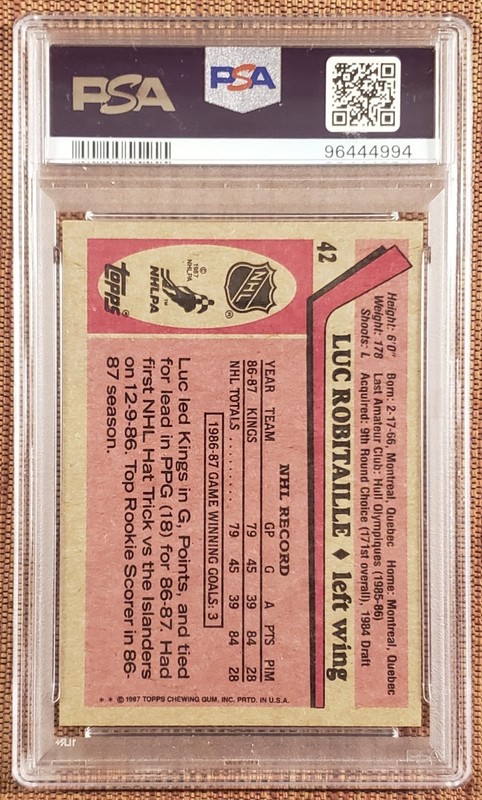 1987 Topps #42 Luc Robitaille LA Kings Rookie Hockey Card PSA 8/DNA 8 RC Auto view 2