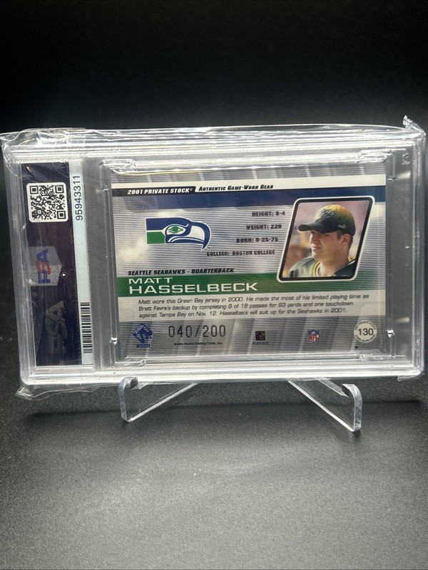 2001 Pacific Private Stock Game-Worn Gear Matt Hasselbeck Patch /200 PSA 9 view 2