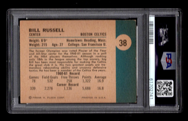 BILL RUSSELL 1961 FLEER #38 BASKETBALL CARD PSA 5 EXCELLENT HOF BOSTON CELTICS view 2