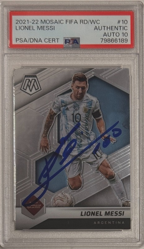 2021-22 Panini Mosaic FIFA World Cup Lionel Messi #10 PSA AUTHENTIC AUTO 10