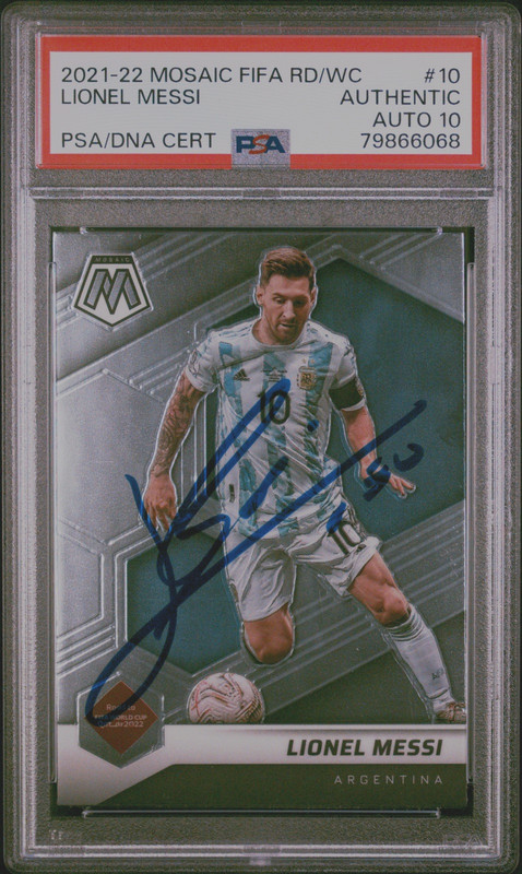 2021-22 Panini Mosaic FIFA World Cup Lionel Messi #10 PSA AUTHENTIC AUTO 10 view 2