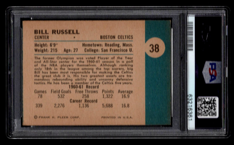 BILL RUSSELL 1961 FLEER #38 BASKETBALL CARD PSA 4 VG-EX HOF BOSTON CELTICS . view 2