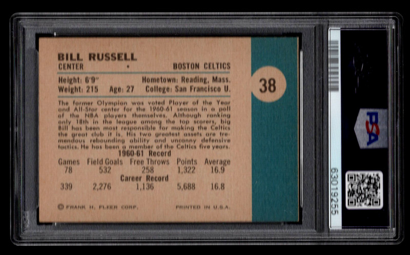 BILL RUSSELL 1961 FLEER #38 BASKETBALL CARD PSA 6 EX-MT HOF BOSTON CELTICS . view 2