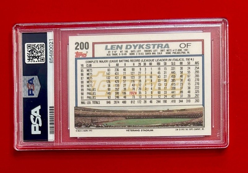 1992 Topps Gold LENNY DYKSTRA #435 PSA 9 Baseball Card Vtg PHILADELPHIA PHILLIES view 2