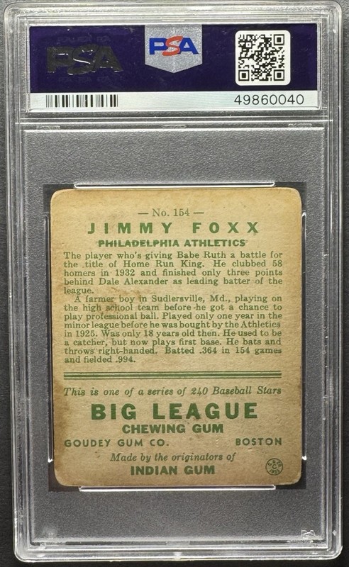 1933 Goudey Jimmy Jimmie Foxx #154 PSA 1.5 Philadelphia Athletics Boston Red Sox view 2