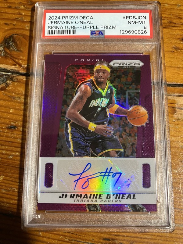 2024-25 Prizm Deca Jermaine O’Neal Purple /49 Auto PSA 8 Pacers