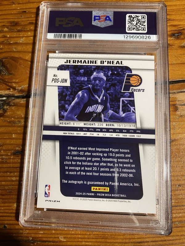2024-25 Prizm Deca Jermaine O’Neal Purple /49 Auto PSA 8 Pacers view 2