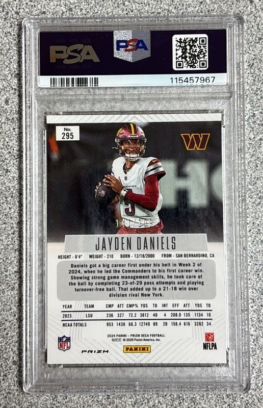 Jayden Daniels 2024 Panini Prizm Deca Red Prizm Rookie /199 PSA 9 MINT view 2
