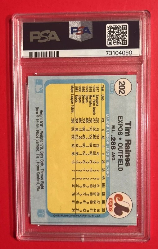 1982 FLEER TIM RAINES #202 MONTREAL EXPOS Graded Baseball Card PSA 7 Vtg MLB HOF view 2