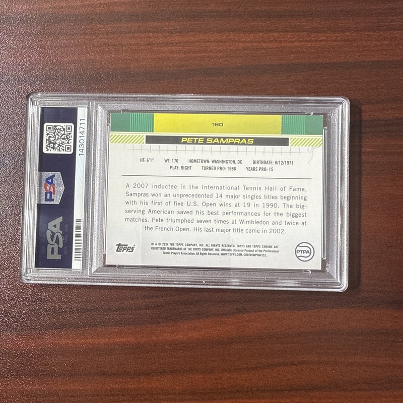 2024 Topps Chrome Tennis Pete Sampras Gold Sapphire 21/50 PSA 8 SSP #180 view 2