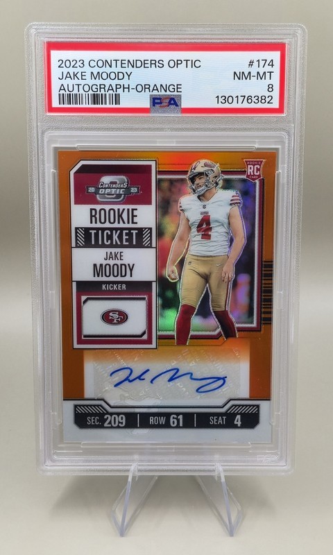 2023 Contenders Optic Jake Moody Rookie Ticket Auto Orange Prizm /50 PSA 8 RC 🔥