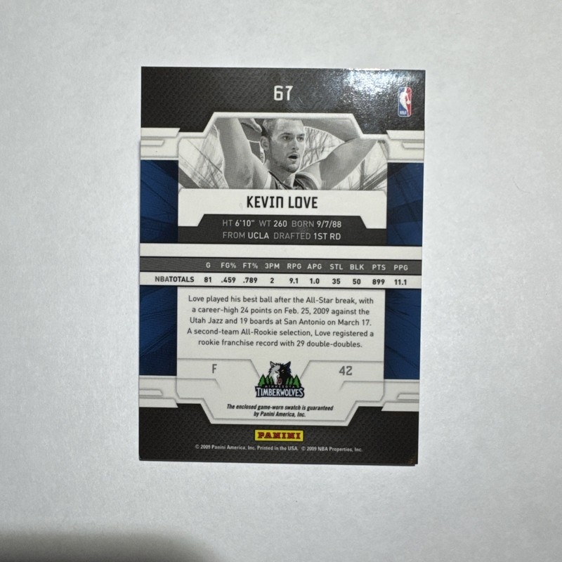2009-10 Donruss Elite Basketball #67 Kevin Love Game Used Jersey Card #D /99 NBA view 2