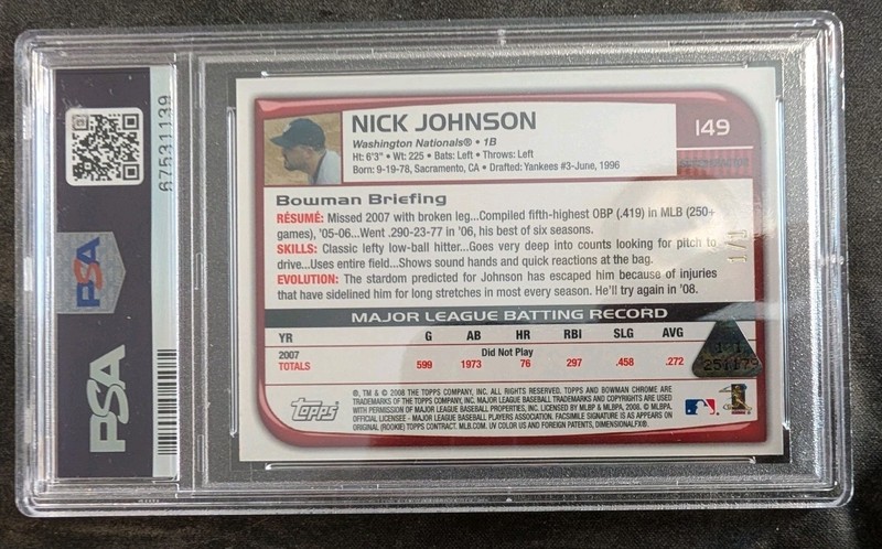 2008 Bowman Chrome SUPERFRACTOR 1/1 #149 Nick Johnson PSA 9 True ONE OF ONE view 2