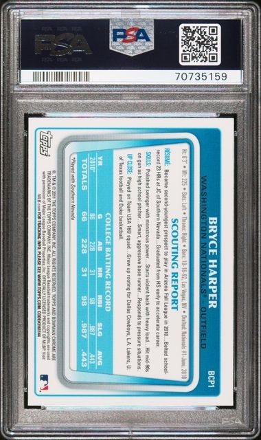 2011 Bowman - Chrome Prospects Bryce Harper #BCP1 (RC) PSA 9 view 2
