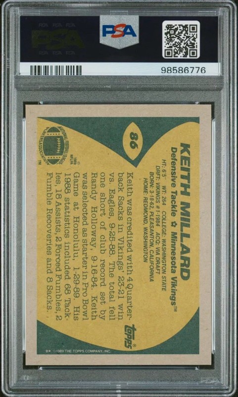 1989 Topps Keith Millard #86 PSA 8 Minnesota Vikings Vtg Graded Football Card view 2