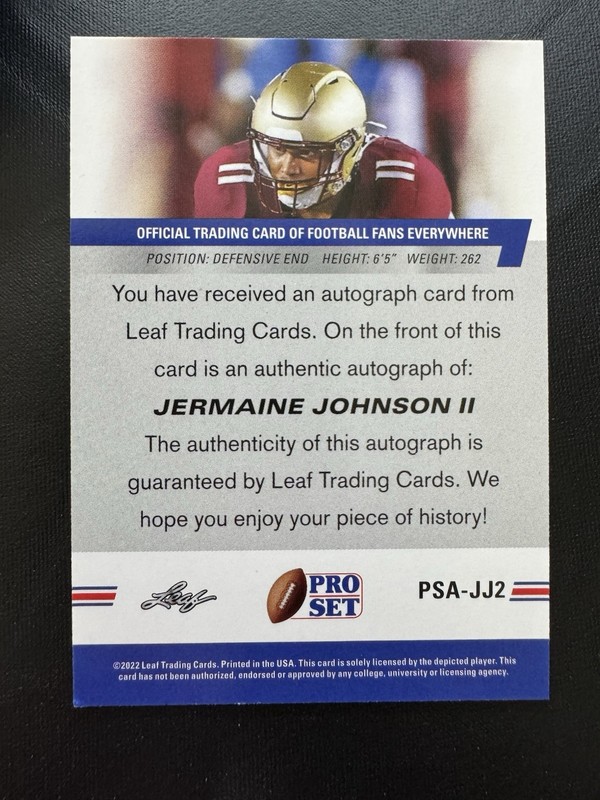 🏈 2022 Leaf Pro Set Football Autograph #PSA-JJ2 Jermaine JOHNSON II 🏈 view 2