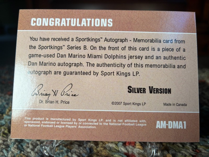 2007 Sportkings DAN MARINO Auto Game Used Memorabilia view 2