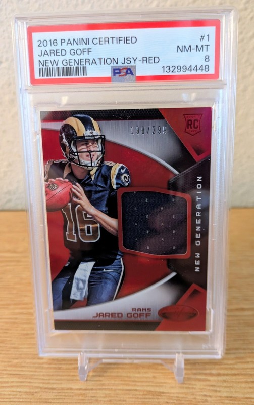 2016 CERTIFIED #1 ROOKIE JARED GOFF (RC) RED MIRROR /299 GAME-WORN PATCH PSA 8!!