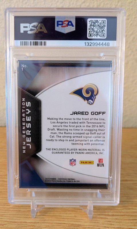 2016 CERTIFIED #1 ROOKIE JARED GOFF (RC) RED MIRROR /299 GAME-WORN PATCH PSA 8!! view 2