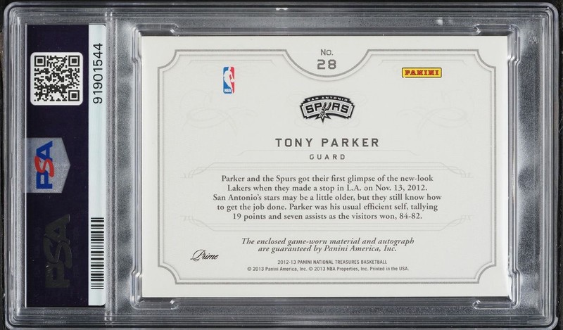 2012 National Treasures Tony Parker Gear Combo Laundry Tag Patch Auto #/8 PSA 9 view 2