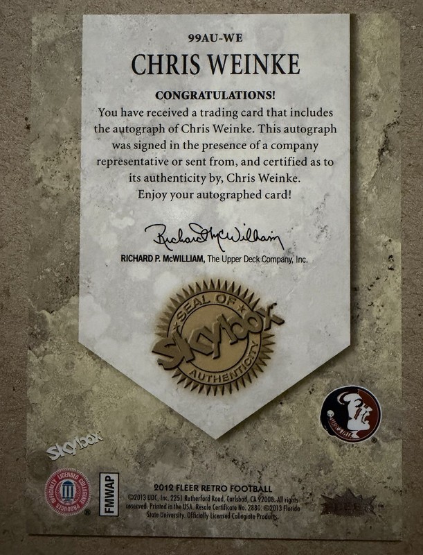 2012 Retro Chris Weinke Autograph 1999 Autographics FSU Heisman Trophy Winner view 2