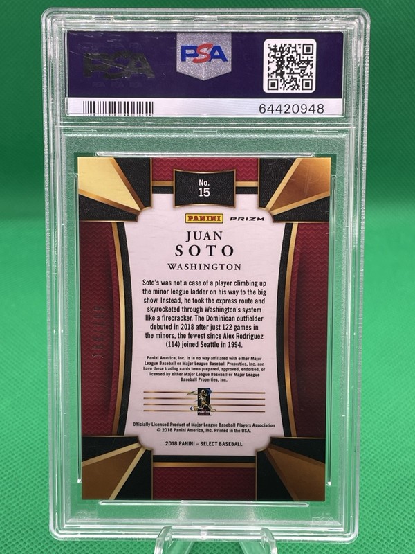 2018 Panini Chronicles - Select Juan Soto #15 Orange Prizm /199 (RC) PSA 9 view 2