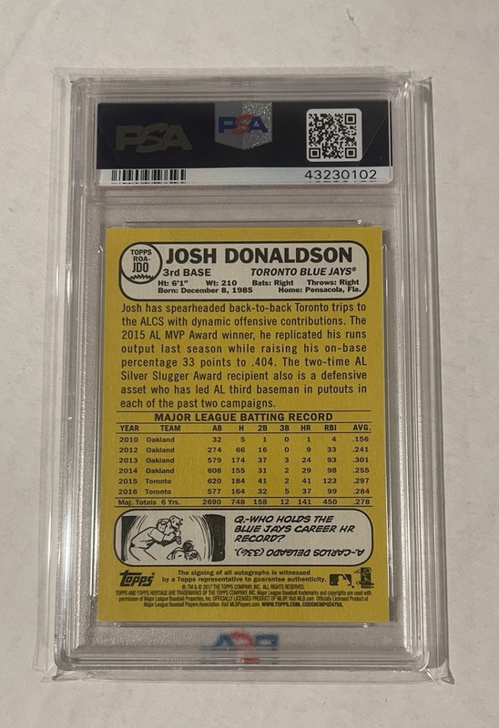 2017 Josh Donaldson Topps Heritage Red Ink Auto PSA 10 Autograph 11/25 RARE Pop view 2