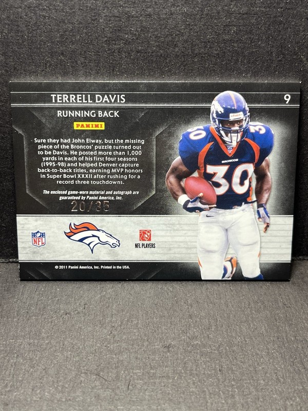 Terrell Davis Auto Game Used Patch 2011 Limited Material Monikers /35 Broncos view 2