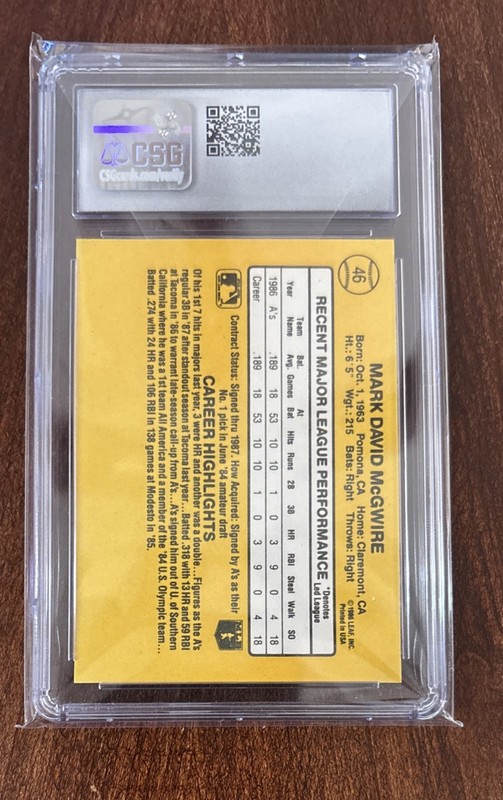 1987 Donruss Mark McGwire Rookie RC #46 PSA 9 Mint Oakland A's view 2