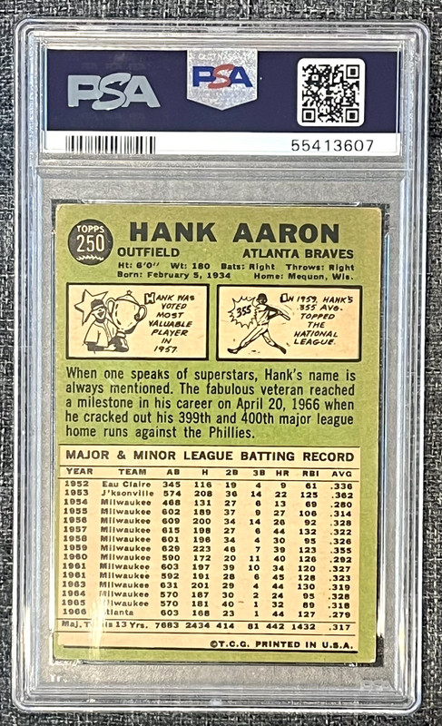1967 Topps # 250 HANK AARON- PSA 4 VG/EX - HOF ATLANTA BRAVES view 2
