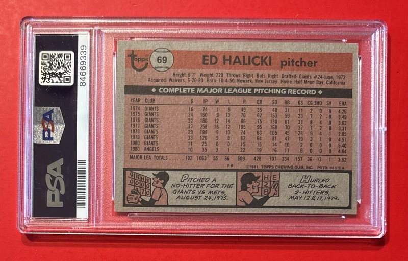 1981 TOPPS ED HALICKI #69 PSA 8 Graded Baseball Card Vintage CALIFORNIA ANGELS view 2