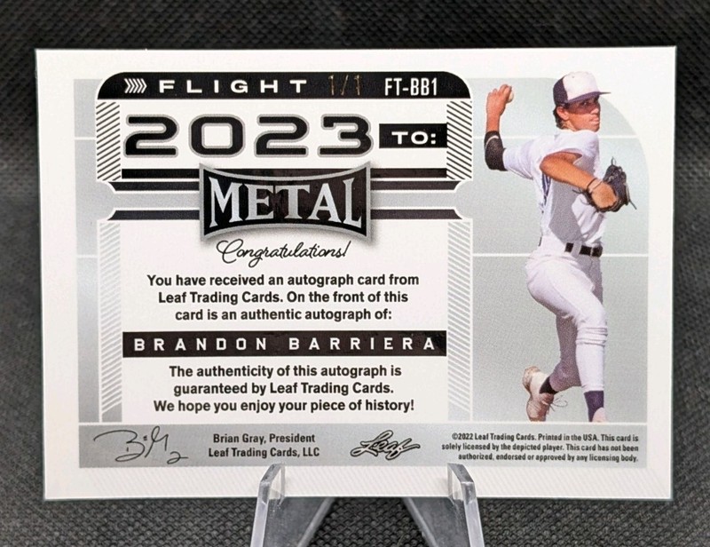 2022 Leaf Metal - Flight 2023 to Brandon Barriera Auto #FT-BB1 Giraffe Mojo 1/1 view 2