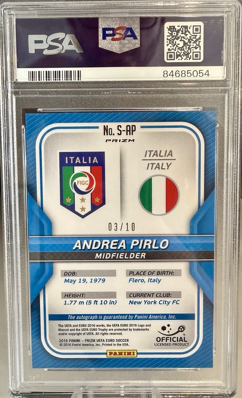 2016 Panini Prizm UEFA Euro Andrea Pirlo Signatures Gold Prizm PSA 10 Auto 10 view 2