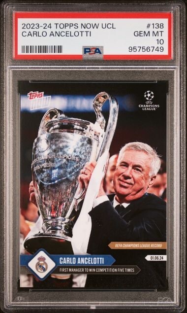 CARLO ANCELOTTI * PSA 10 * 2023-24 TOPPS NOW REAL MADRID *15th UCL TROPHY * #138