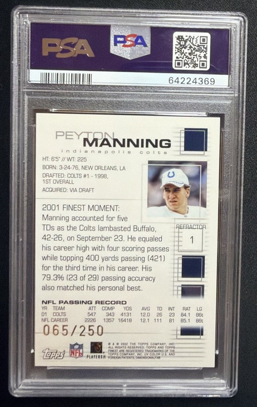 2002 TOPPS FINEST #1 Peyton Manning Refractor /250 - PSA 9 Mint - Colts - POP 7 view 2