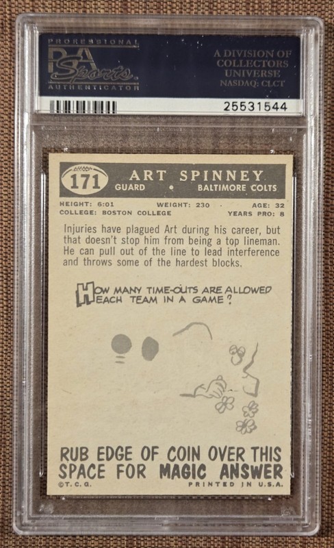 1959 Topps #171 Art Spinney Baltimore Colts Vintage Football Card PSA 9 Mint view 2