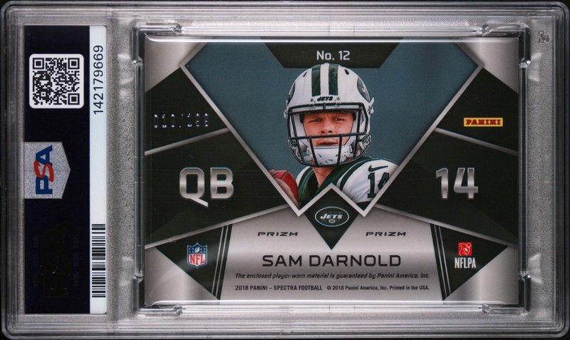 SAM DARNOLD 2018 PANINI RC PSA 8 Game Worn Jersey Patch 10/199 NFL Super Bowl QB view 2