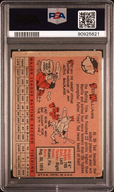 1958 Topps # 1 TED WILLIAMS - PSA 2 - HOF BOSTON RED SOX view 2