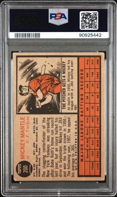 1962 Topps #200 MICKEY MANTLE - PSA 2 - HOF NEW YORK YANKEES view 2