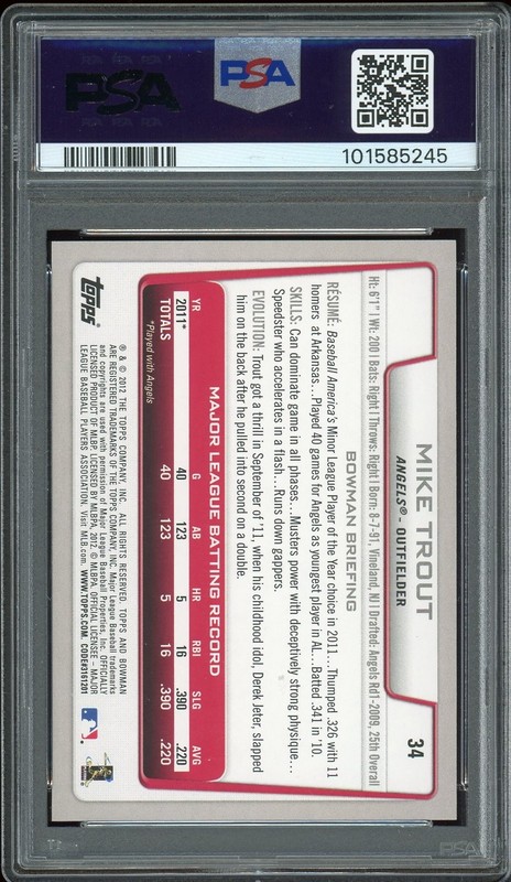 2012 Bowman Signed Auto #34 Mike Trout PSA DNA Authentic view 2
