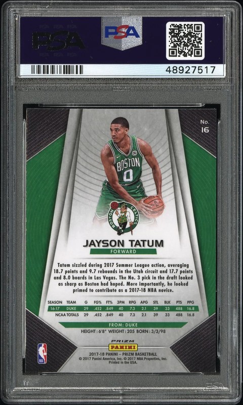 PSA 9 2017 Panini Prizm Jayson Tatum Fast Break Rookie RC #16 view 2