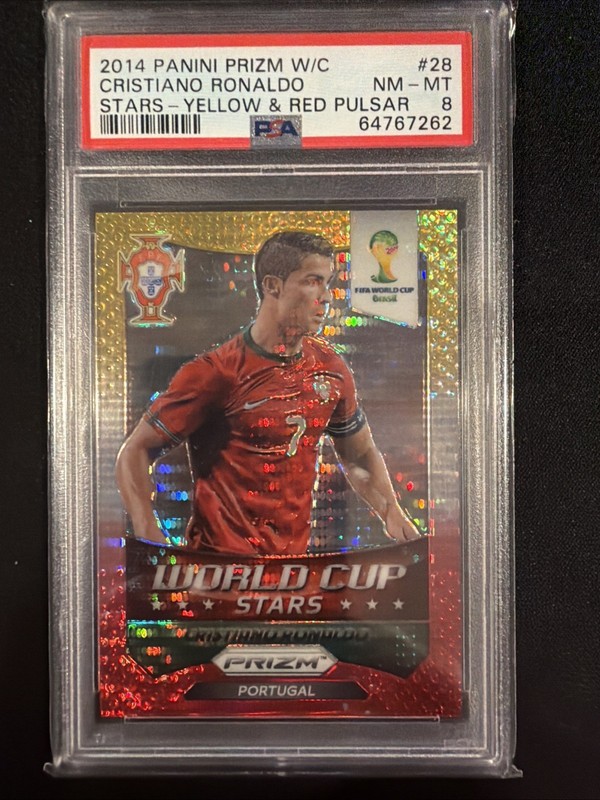 2014 Panini Prizm World Cup Stars Cristiano Ronaldo #28 Yellow Red Pulsar PSA