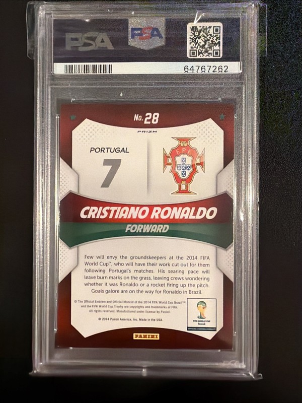 2014 Panini Prizm World Cup Stars Cristiano Ronaldo #28 Yellow Red Pulsar PSA view 2