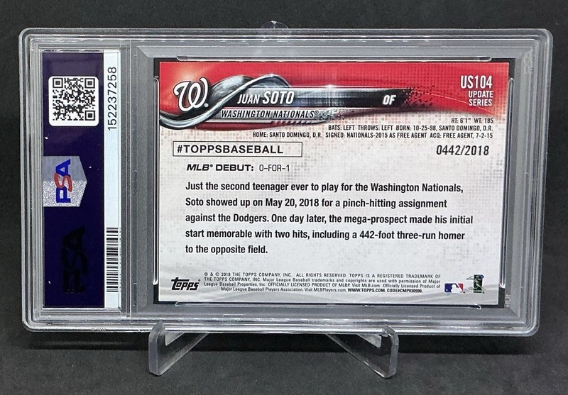 Juan Soto 2018 Topps Update Gold /2018 PSA 10 Gem Mint Nationals Rookie Card RC view 2