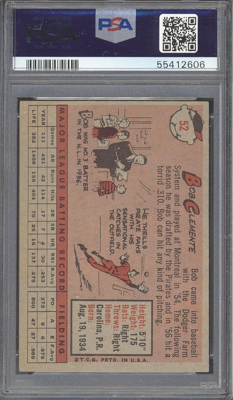 1958 Topps #52 ROBERTO CLEMENTE - PSA 4 VG/EX - HOF PITTSBURGH PIRATES view 2
