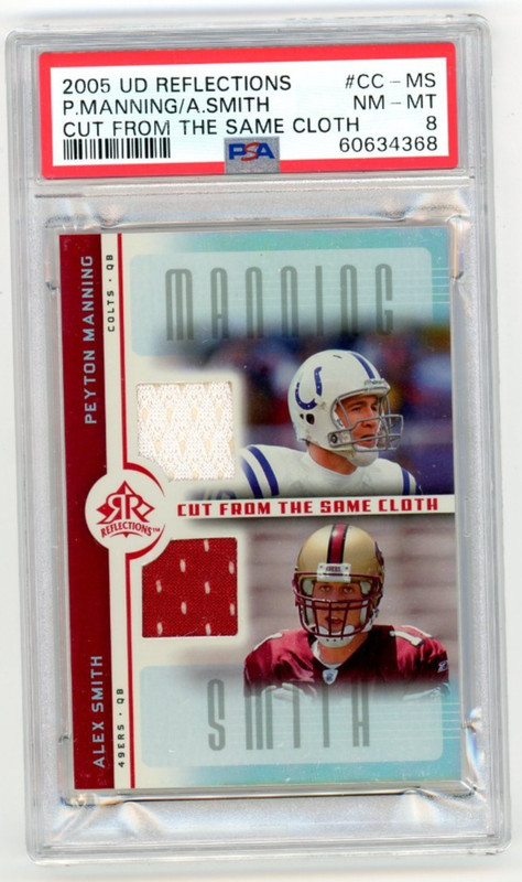 GAME USED WORN Peyton Manning/Smith 2005 UD Reflections Dual Jersey Card PSA 8